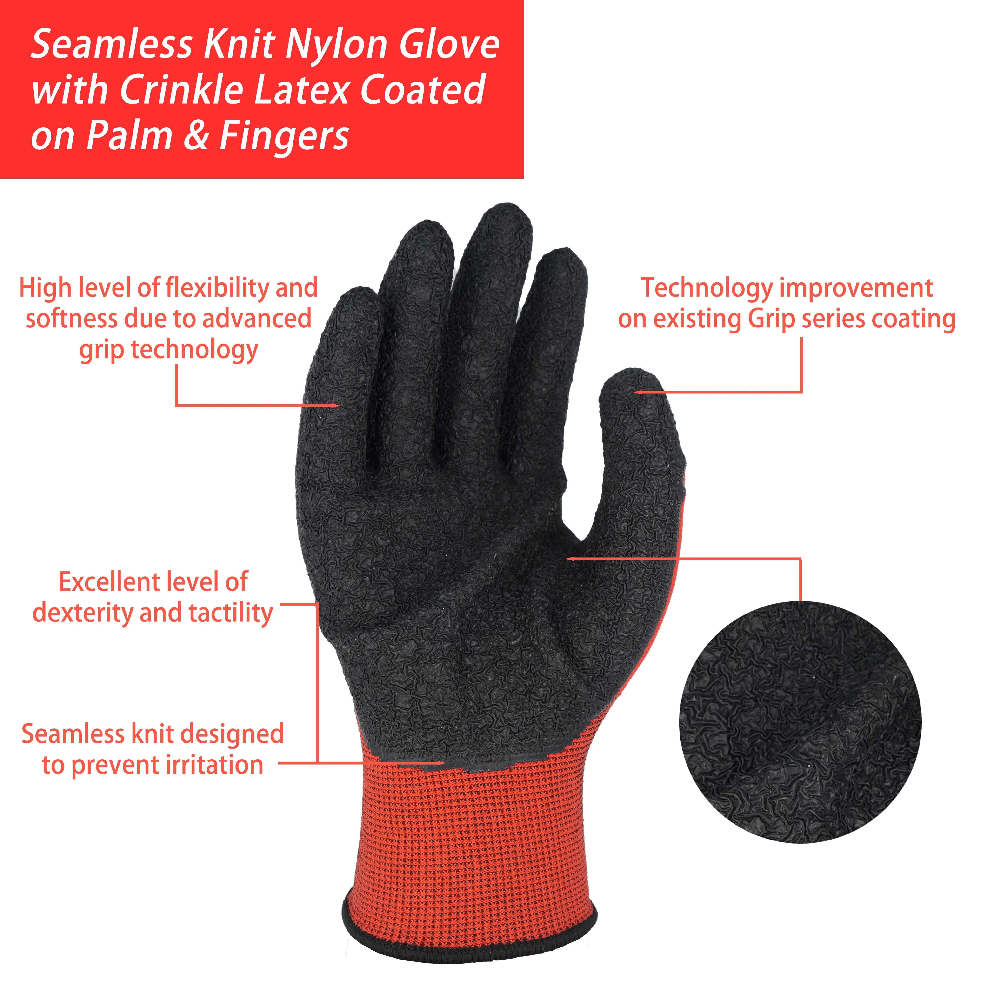 SKYEE Hot Sale Crinkle Latex Coated Nylon Blended Anti Cut No Slip Construction Rubber Garden Work Gloves For Industrial Workers