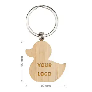 ECO Customized Laser Engrave Logo Bamboo Kawaii Cute Novelty Animal Keyring Duck Shaped Blank Bamboo Keychains for DIY Craft