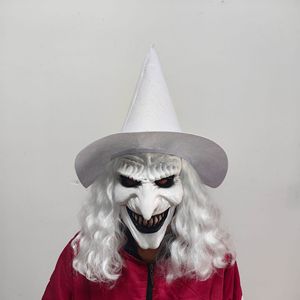 Máscara de bruja blanca con pelo largo, sombrero con capucha de látex, accesorios para disfraz de Halloween - Product Image 1