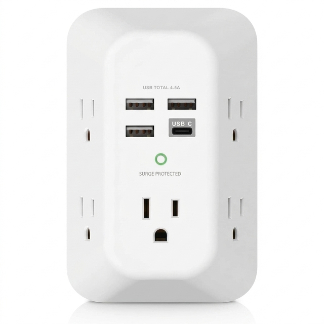 US Smart Plug Wall Mount Power Strip Charger with USB Ports (PD 20W) USB-C Surge Protection White Socket for Home Kitchen