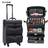 KONCAI Boîte de rangement pour vernis à ongles professionnel pour manucure Trolley pour ongles Beauty Large Rolling Nails Travel Case Black