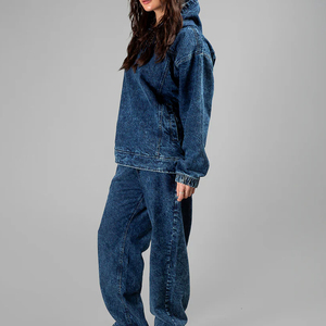 Sweat à capuche en denim tricoté personnalisé pour femme, style streetwear décontracté, manches longues, cordon de serrage réglable, logo frontal ODM - Product Image 5