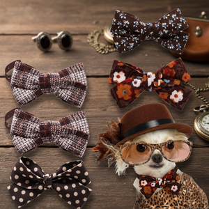 秋の新作クラシック高級フローラル蝶ネクタイ 犬猫用 マイヤールカラー ポリエステル製ペット服アクセサリー オールシーズン対応 - Product Image 5