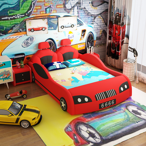 Cama para niños pequeños coche de carreras dormitorio infantil muebles de juego divertidos, cubierta de cuero coche de carreras cama para niños pequeños (no incluye colchón) - Product Image 2