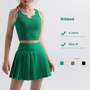 Lcool Rib Crop Top Chaleco de yoga Vestido deportivo Falda plisada Ropa atlética para mujer Conjunto de falda de tenis - Product Image 2