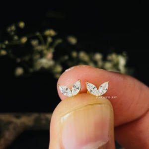 14K Solid Gold Leaf Stud <b>Earrings</b> with Marquise Cut Natural Diamond Rose Gold/White Gold Options Christian Gift - Product Image 1