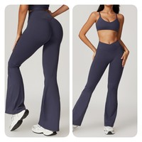 YISHENHON tissu recyclable séchage rapide Yoga V taille Gym Leggings course entraînement large jambe pantalon Flare femme Sport pantalon