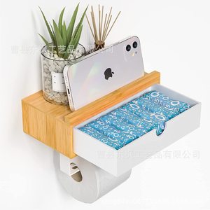 Étagère de rangement en bois pour salle de bain avec tiroir, porte-papier toilette mural pour mouchoirs et lingettes, forme rectangulaire, durable - Product Image 4