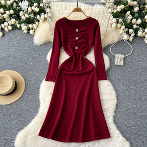 <span class=keywords><strong>Abiti</strong></span> da donna con collo quadrato a scompiglio con bottone <span class=keywords><strong>manica</strong></span> <span class=keywords><strong>lunga</strong></span> e cintura in maglia abito da donna <span class=keywords><strong>al</strong></span> <span class=keywords><strong>ginocchio</strong></span> elegante maglione - Product Image 2