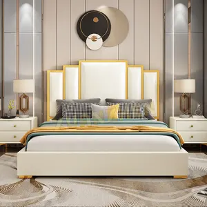 Tempat tidur furnitur kamar tidur, tempat tidur logam stainless steel emas set cantik modern mewah