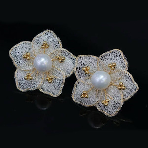 14K Gold Filled Wire‑Net Flower Stud <b>Earrings</b>, Italian Textile Weave Craft 9‑10mm Nucleated Edison Freshwater Pearl - Product Image 3