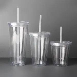 16Oz Herbruikbare Reizen Ijs Koffie Mokken Dubbele Wand Tumblers Isoleren Clear Plastic Beker Met Rietje En Deksel