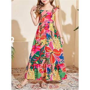 Girl's Summer Maxi <b>Dress</b> Tropical Floral Print <b>Elastic</b> Waist A-Line Vacation Beach Outfit Breathable Woven Fabric - Product Image 2
