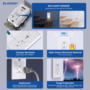 20A 125V Tamper-Resistant GFCI 24W USB Tipo C + C Carregadores Saída Auto-Teste GFCI Tomada De Parede GFCI Receptáculo Outlet - Product Image 4