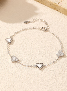 S925 Silver Women's Heart Chain <b>Bracelet</b> With Crystal Rhinestone Pave Setting Romantic Everyday Wear - Product Image 5