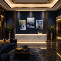 Lot de 3 tableaux encadrés bleu marine et or, art abstrait sur toile, cadre noir, encre fluide, marbré, triptyque moderne, décoration océanique pour hôtel