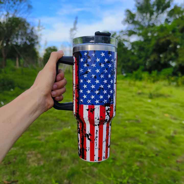 DD1756 40 oz Tumbler with Handle Lid and Straw Travel Cup Lacquer USA National Flag Vacuum Insulated Car Mug