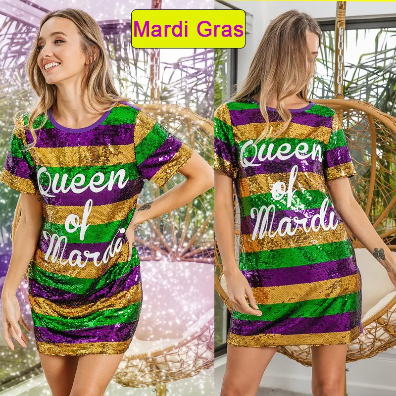 Custom Women Apparel Clothing Wholesale Mardi Gras Sequin Long Stripe Shirt Dress