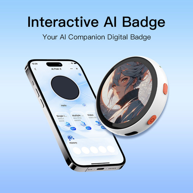 2026 Smart Wifi 1.8-inch IPS Electronic AI Interactive Badge for Anime Game Fans Transfer Photos, GIFs, Animations, and Videos