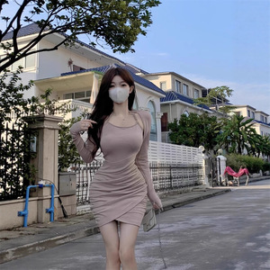 Halter Neck Bodycon Dress Women Pleated Waist Long Sleeve Asymmetric Solid Color Cocktail Dress Black Pink Burgundy Khaki - Product Image 4