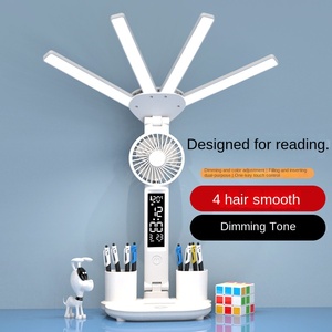 Lampe de bureau à LED à 4 têtes avec calendrier Horloge Ventilateur à commande tactile Écran porte-stylo flexible pour chambre à coucher/bureau Lecture Alimentation AC - Product Image 3