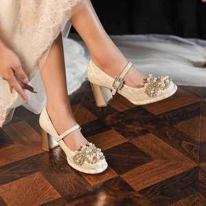 7555A-226 <b>Embroidered</b> Wedding <b>Shoes</b> Pearl Bead Thick Heel Square Toe Elegant Heeled Sandals Light Weight Bridal Wear - Product Image 4