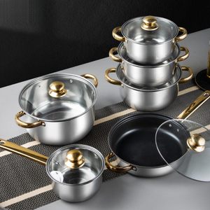 12-Piece Anti-Rust Stainless Steel Cookware Set Ceramic Exterior Portable Glass Cover Fry <b>Pan</b> Cooking <b>Pot</b> Gas Induction Ready - Product Image 2