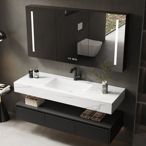 Ensemble de lavabo et meuble de salle de bain de style moderne, double couche, en dalle de roche brillante haut de gamme et personnalisable - Product Image 1
