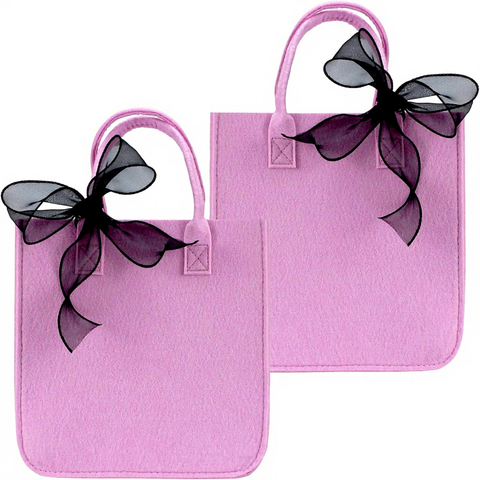 Bokinyoung China Pink Reusable Felt Gift Bags Handles 2 PCS Cute Party Favor Bags Black Bow for Baby Shower Mother's Day