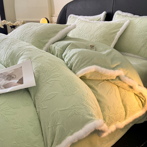 Bộ chăn ga gối đệm nhung sữa dày dặn, thiết kế chạm khắc, viền lông thỏ, ấm áp, gồm 4 món, dành cho mùa đông - Product Image 2