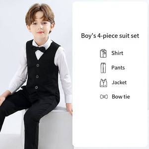 Ensemble de <span class=keywords><strong>costume</strong></span> formel 4 pièces pour garçons élégants gilets sur mesure noirs et blancs avec nœuds papillon tenue de garçon à fleurs pour les mariages et les événements - Product Image 2