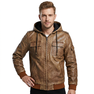 Blouson Homme en Cuir Véritable Marron à Capuche, Style Bomber Vintage, en Cuir de Vachette, avec Épaulettes et Bordures en Tricot Côtelé, Personnalisé, Classique, Chaud pour l'Hiver - Product Image 1