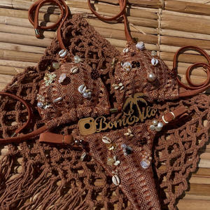 Triangle Sexy String Mini Micro Femmes Bikini Ensemble Haute Qualité Perals Charmes Décor Haute Coupe Crochet Tricot Dame Bikini Maillot De Bain - Product Image 1