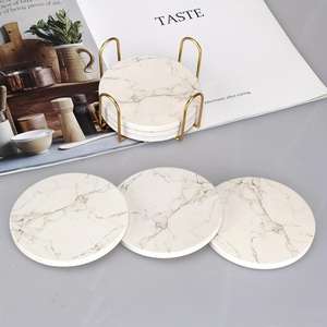 12pcs Ceramic <b>Coaster</b> Set White Marble Striped Anti-Slip with Golden Bracket Water Absorbing <b>Promotional</b> <b>Coasters</b> - Product Image 2