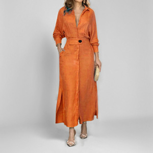 Dropshipping Shopify <b>Womens</b> Belted Shirt Dress Long Sleeve Asymmetrical Hem Office Wear Elegant Solid Color Midi Dress - Product Image 5