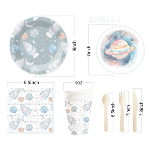 DAMAI New Customized Blue Space Theme Disposable Dessert Dinner <b>Paper</b> Plates Cups Napkin Tableware Set with Rocket - Product Image 5