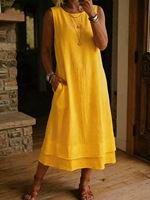 Robe midi décontractée et élégante en lin sans manches à col rond pour femme, grande taille, haute qualité, collection été 2026