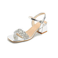 Sandales à talons épais pour femmes avec strass, talon haut, tendance mode, bride à boucle, taille 125-1, or, argent, noir
