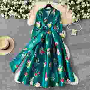 <b>Plus</b> <b>Size</b> Summer V-Neck Woven Digital Printing Casual Midi <b>Dress</b> for Women <b>Empire</b> Waist Polyester/Cotton A-<b>Line</b> Silhouette - Product Image 1