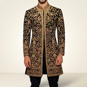 ELEGANT Colorful EMBROIDERY on GROOM BLACK SHERWANI & <b>PANT</b> WITH EMBELLISHED CRYSTAL GLASS BEADS,DABKA WORK for WEDDING=2024 - Product Image 5