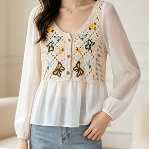 Blusa de punto <span class=keywords><strong>corta</strong></span> con bordado étnico y crochet, de gasa calada, <span class=keywords><strong>manga</strong></span> larga, protección solar, para mujer, a la moda - Product Image 3