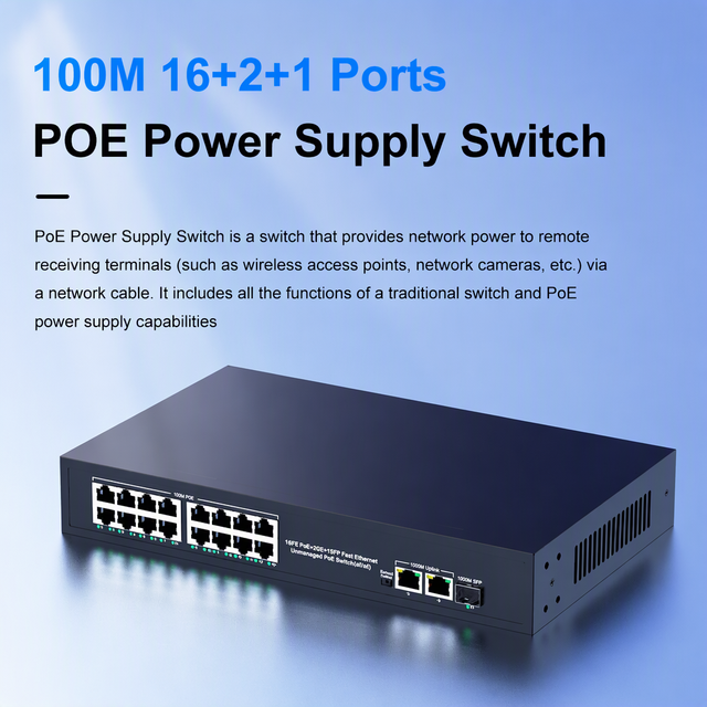 PoE Switch 16 Port 100/1000Mbps Unmanaged Switch 200W Power 2 Gigabit Uplink 1*SFP, IEEE 802.3af/at Compliant for IP Camera CCTV