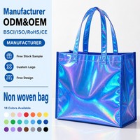 Sac de courses non tissé personnalisé OEM ODM imprimé arc-en-ciel laser, holographique métallisé laminé, réutilisable, écologique, pour supermarché et épicerie