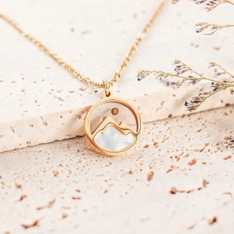 Hot selling gold plated stainless steel necklace inlaid shell mountain mustard seed jewelry rings