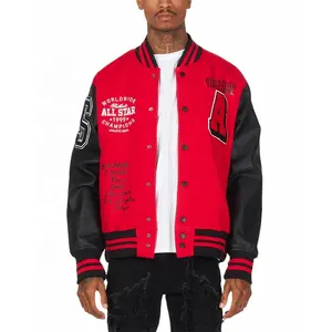Custom embroidery patch logo button up bomber jacket stand collar men red high street leather sleeve varsity jacket