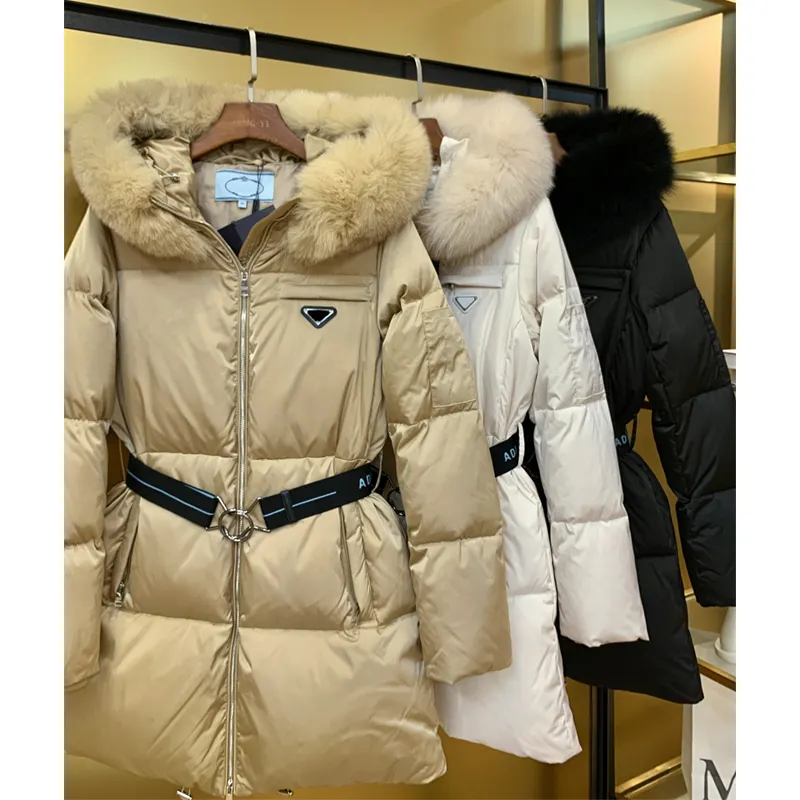 ODM invierno cuello de piel de zorro abrigo impermeable ganso largo a prueba de viento patrón decoración bolsillos al aire libre abajo chaqueta