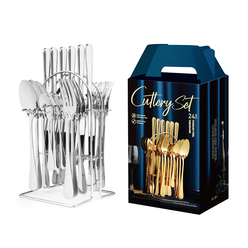 Factory Wholesale Best Selling Stainless Steel Knife Fork Spoon set 24pcs Gold Flatware Luxury Cutlery Set With Stand