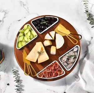 Nhà Máy bán hàng lười biếng Susan pho mát Cắt <span class=keywords><strong>Board</strong></span> Set vòng gỗ charcuterie <span class=keywords><strong>Board</strong></span> pho mát phục vụ Platter với 2 gốm Bát - Product Image 2