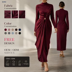 Robe Midi Décontractée Rouge Unie Personnalisée pour <span class=keywords><strong>Femme</strong></span>, Col Montant, Manches Longues, Taille Découpée, Torsion à l'Avant, Drapée, Moulante, pour Soirée - Product Image 1