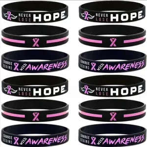Breast Cancer Awareness Pink Ribbon Medical Alert Silicone Wristbands Custom Bracelets Logo